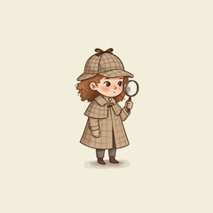 Cute Cartoon Girl Playing Detective with Magnifying Glass and Hat