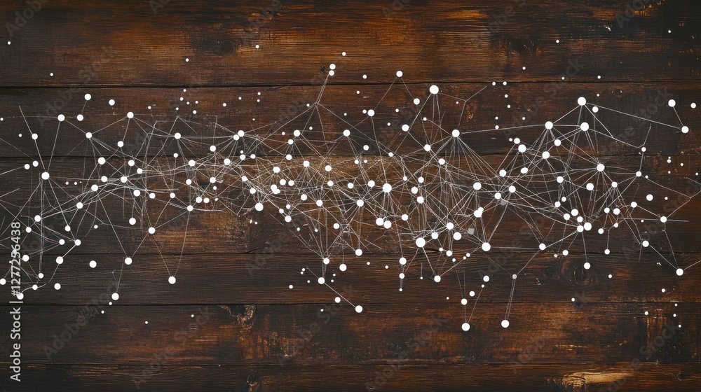Poster abstract network connection dots and lines on dark wooden background.