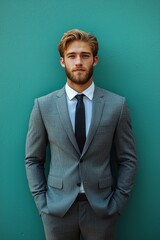 Confident young man in a gray suit poses against a vibrant teal wall outdoors