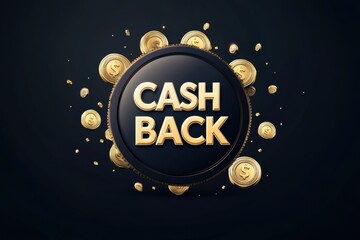 Effective cashback emblem design featuring gold coins and bold typeface on dark background