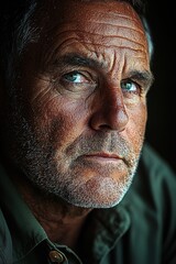 Fototapeta premium Portrait of an older man with striking blue eyes and a serious expression captured in natural light