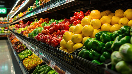 Obraz premium A Fresh fruits and vegetables display in supermarket, vibrant colors, healthy choices