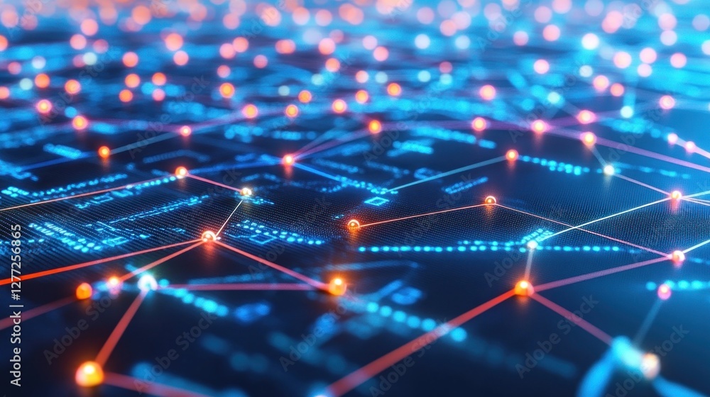 Poster abstract network connection, glowing nodes and lines on dark blue background.