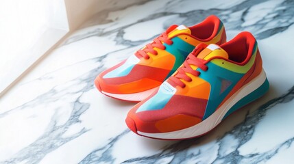 A pair of stylish running sneakers with unique patterns, placed on a marble surface.