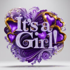 Obraz premium It’s a girl announcement with bold 3d text and decorative purple and gold heart elements on light background for baby shower or gender reveal