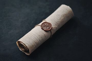 Vintage scroll sealed with wax on dark background showcasing elegant craftsmanship and historical artistry