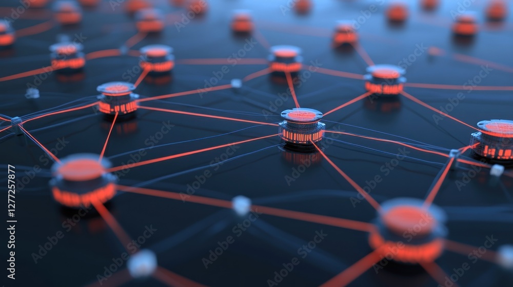 Aufkleber abstract network connection visualization; nodes linked by glowing lines on dark background.