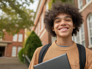 Smiling young student stands outside school carrying a notebook during afternoon