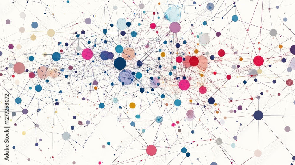 Poster abstract network connection visualization with colorful nodes and lines.