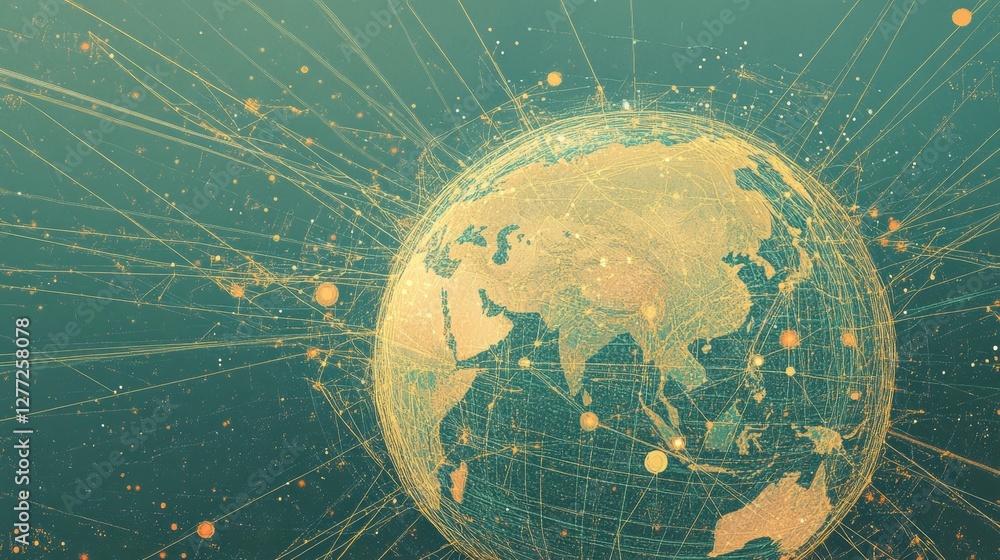 Poster global network visualization with lines and dots on blue background