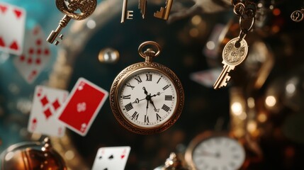 Vintage Pocket Watch with Playing Cards and Old Keys Falling