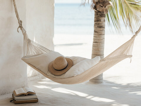 Relaxing in a beautiful hammock by the beach with a straw hat and books on a sunny afternoon
