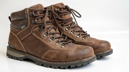 Brown Leather Hiking Boots on White Background