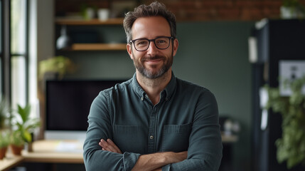Obraz premium smiling man with glasses stands confidently in modern office space, surrounded by plants and computer.