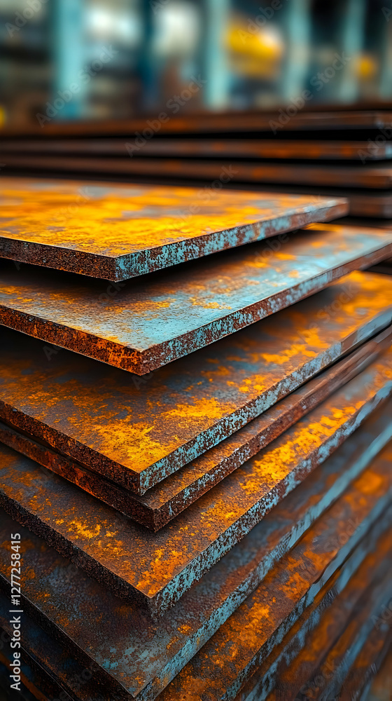 Poster stack of rust covered metal sheets in a workshop with blurred background