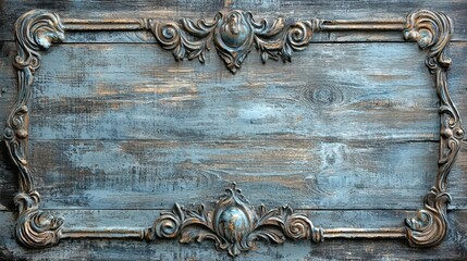 Ornate Vintage Frame with Rustic Wooden Background in Soft Blue