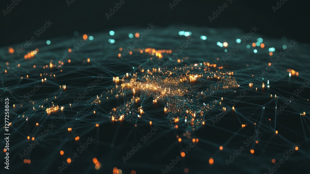 Poster Abstract network connections glowing on a dark background, representing global communication or data flow.