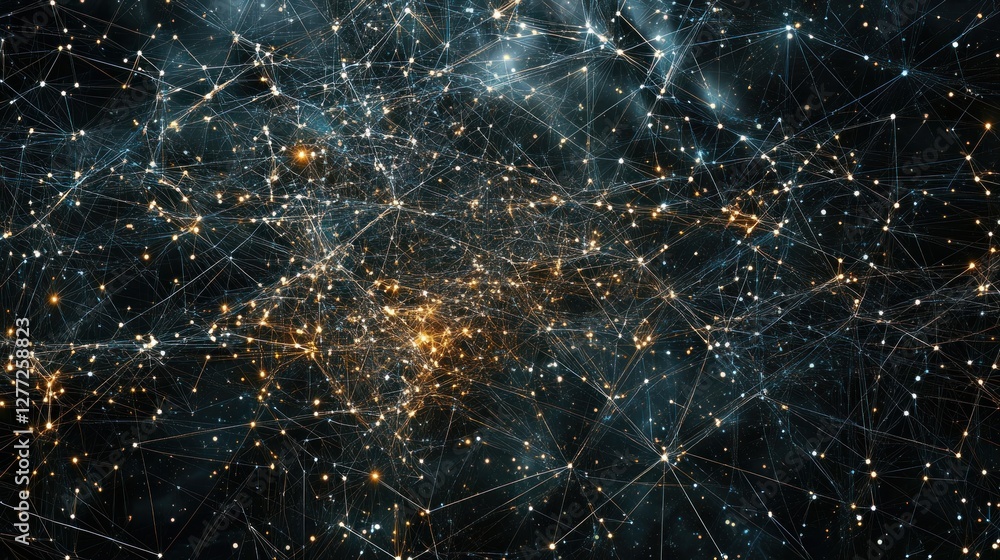 Aufkleber abstract network connections, glowing nodes and lines forming a complex structure in dark space.