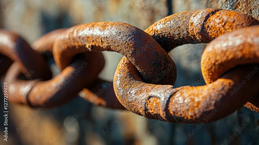 Poster rusty chain link close-up on weathered background showcasing decay