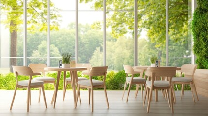 Obraz premium Cafe interior, sunny park view, relaxing
