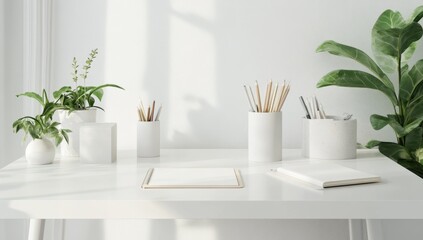 White workspace with tablet, pencils, and plants; sunlit interior