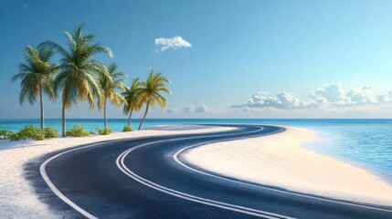 Winding coastal road curving along a tropical beach with palm trees under a clear sky.
