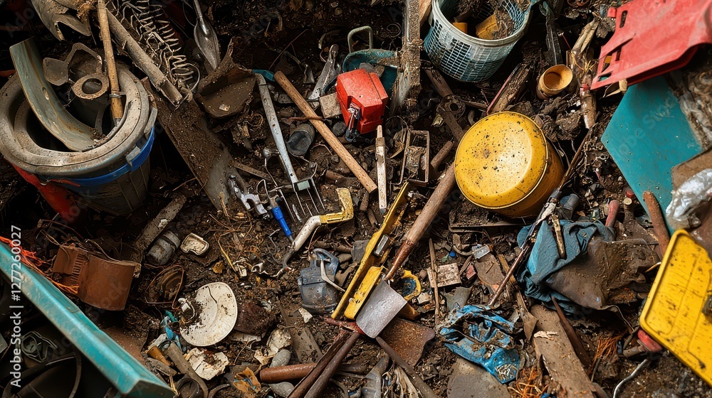 Poster disordered tools and equipment in a rustic workshop setting