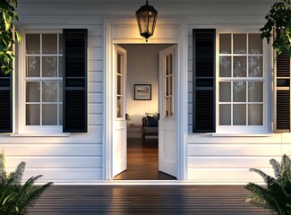 A front door of an Australian house with white walls and black shutters on the sides, wooden floor in a dark brown color, open entrance to the living room