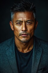 Obraz premium Serious portrait of an adult man with salt and pepper hair dressed in a dark blazer against a dark background