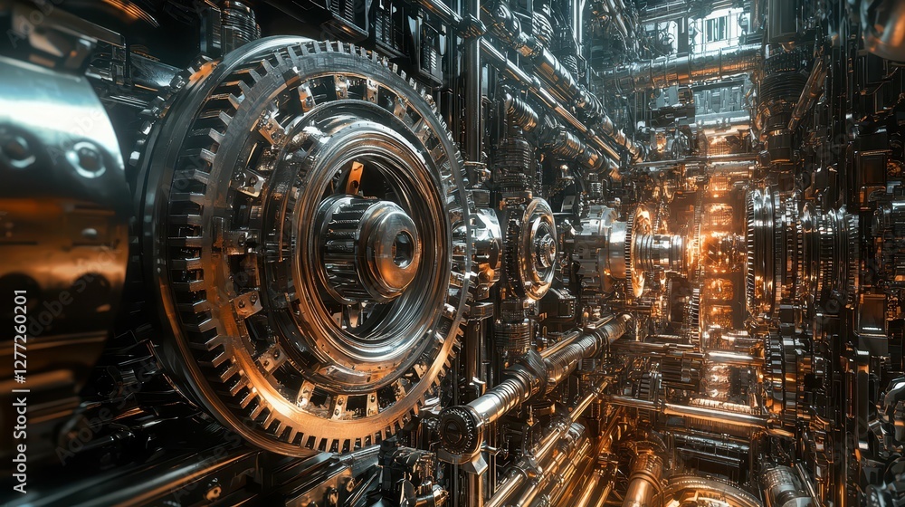 Poster intricate mechanical gears and cogs in shiny metallic environment