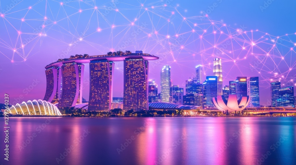 Poster a smart city at dusk with cyber-themed digital overlays showcasing data-driven engineering.
