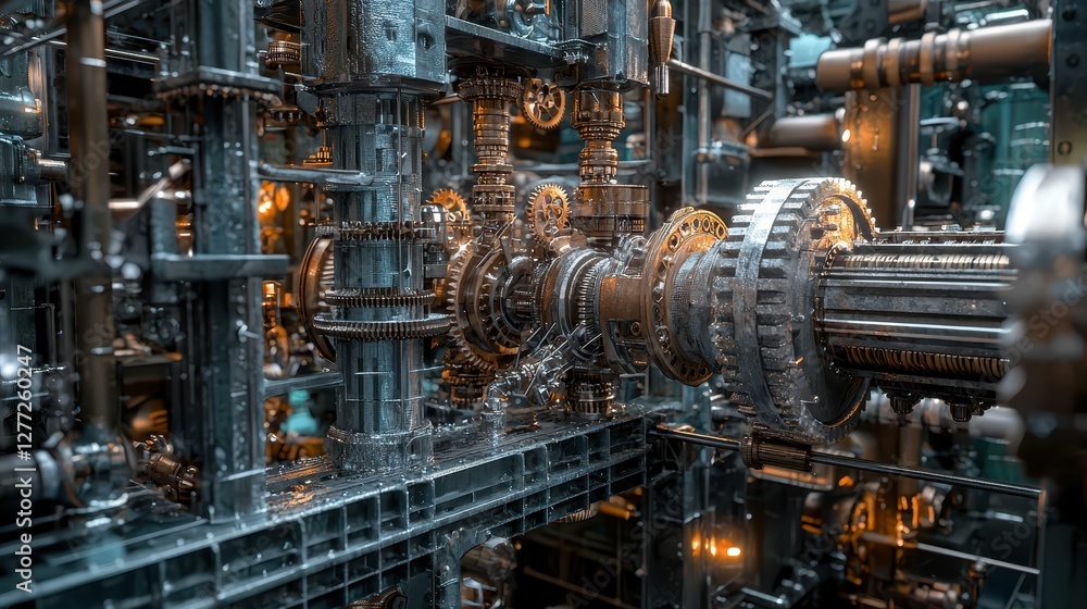 Poster intricate mechanical gears and machinery in a high-tech environment