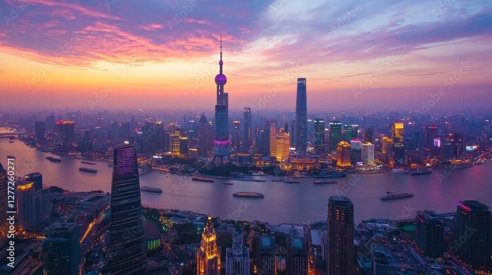 Poster a smart city at dusk with cyber-themed digital overlays showcasing data-driven engineering.