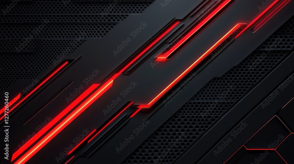 Poster abstract dark background with red neon lines and geometric shapes