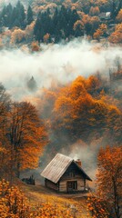 Serene Autumn Cabin Surrounded by Misty Forest Landscape