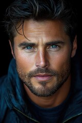 Fototapeta premium Intense gaze of a man with striking blue eyes and well-defined features in a close-up portrait