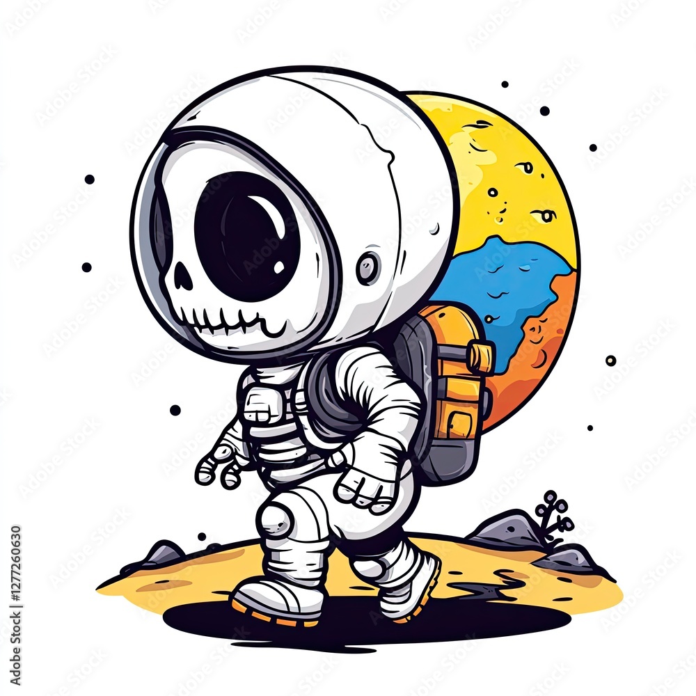 Poster a cartoon skeleton astronaut with a backpack walks on the moon with a cratered moon in the backgroun