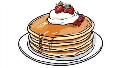 A stack of fluffy pancakes topped with maple syrup, fresh berries, and a dollop of whipped cream.