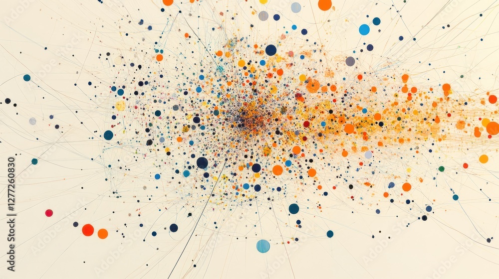 Poster abstract network visualization with colorful nodes and connecting lines, radiating from a central po