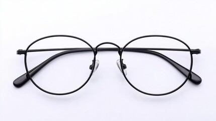 A stylish pair of black-rimmed eyeglasses placed flat on a white background with soft natural lighting.
