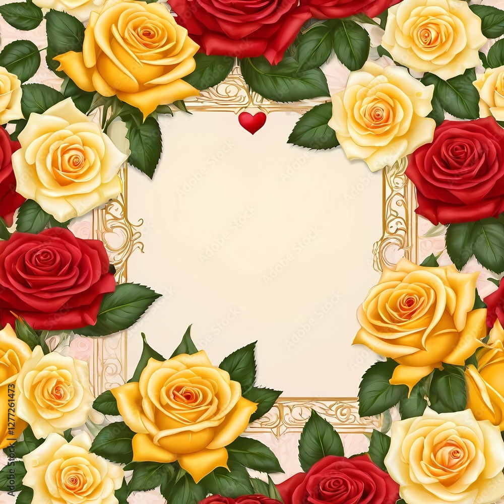 Poster roses in shades of red and yellow create a stunning border around an empty area. this design offers 