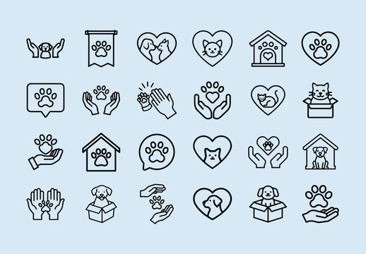 Black Line Pet Adoption and Animal Care Icons Set