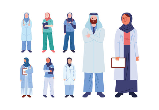 Colorful Flat Medical Professionals Hijab Illustration Set