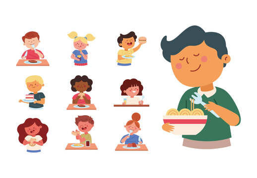 Colorful Flat Happy Kids Eating Food Illustration Set