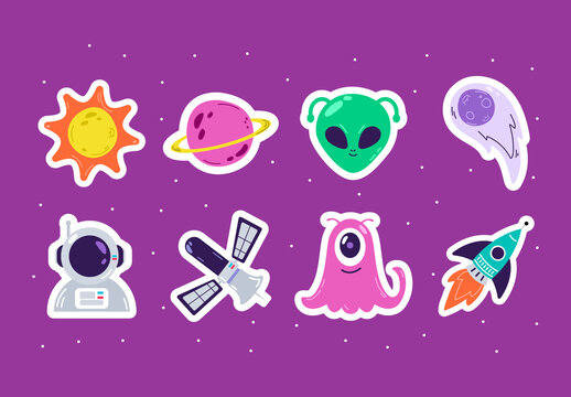 Colorful Flat Outer Space Exploration Sticker Illustration Set