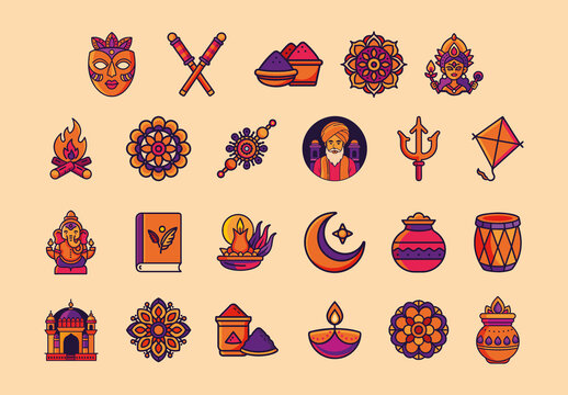 Orange and Purple Flat Traditional Indian Festival Icons Set