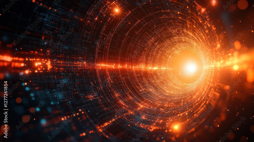 Poster abstract orange and blue digital tunnel with glowing particles.