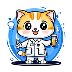 A cute cartoon cat scientist holding test tubes.