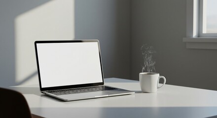 Minimalist workspace with a clean desk, laptop, and a cup of coffee