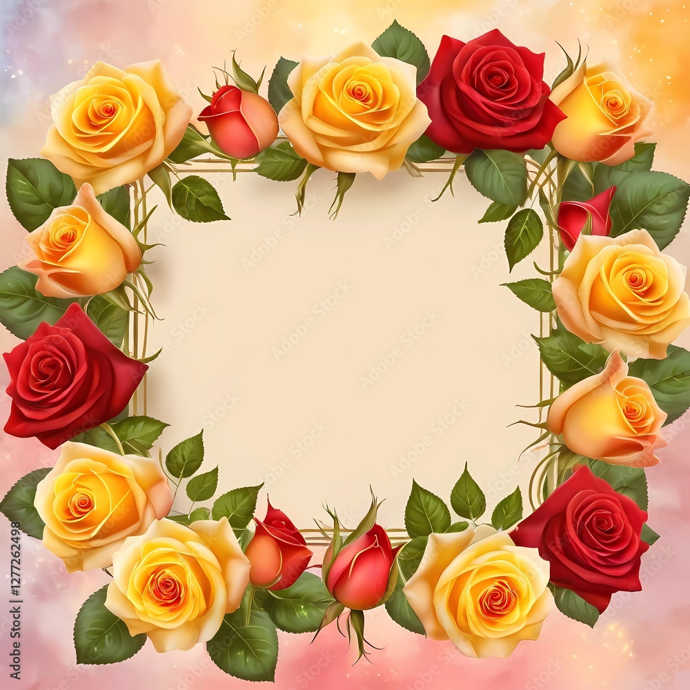 Poster roses in shades of red and yellow create a stunning border around an empty area. this design offers 
